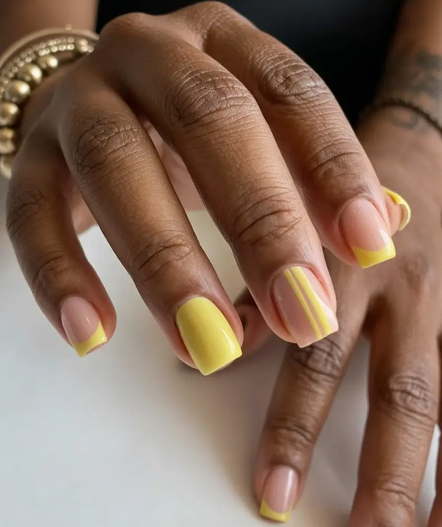 2025 Fall Acrylic Nails Ideas for Short and Long Lengths Lemon Stripe French with a Twist