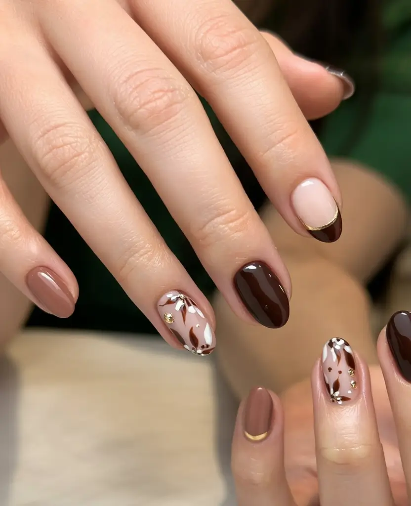 2025 Fall Acrylic Nails Ideas for Short and Long Lengths Chocolate Leaves with Gold Accents