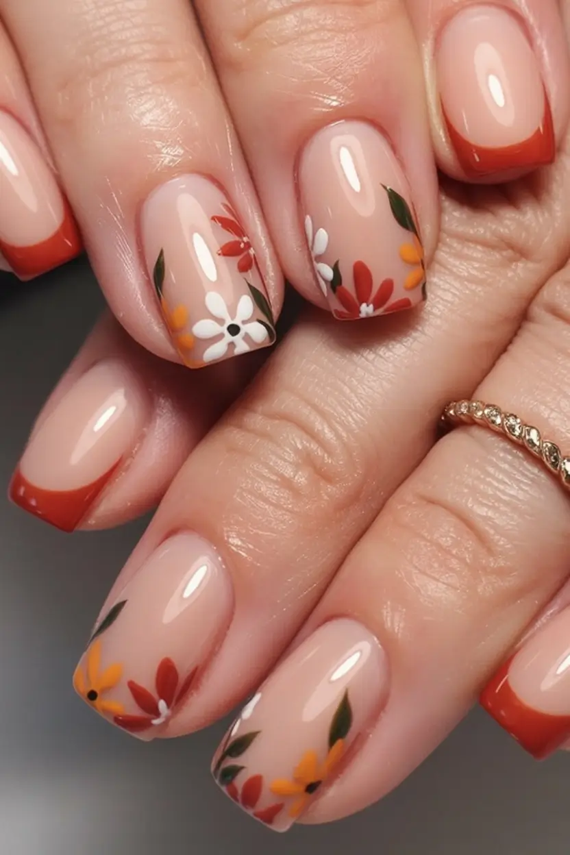 2025 Fall Acrylic Nails Ideas for Short and Long Lengths Rust-Toned Florals with Crisp Square Tips