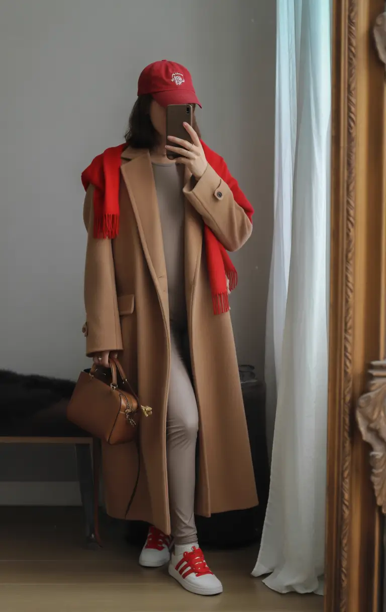 2025 Fall-Winter Fashion Cold Weather Outfits Ideas Camel Coat with Red Accents