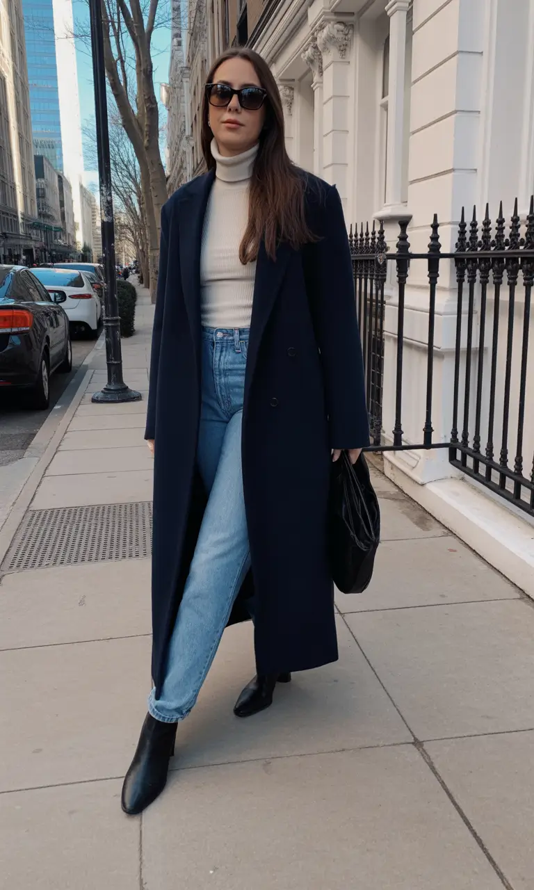 2025 Fall-Winter Fashion: Cold Weather outfits Ideas Polished Layers with Navy Coat