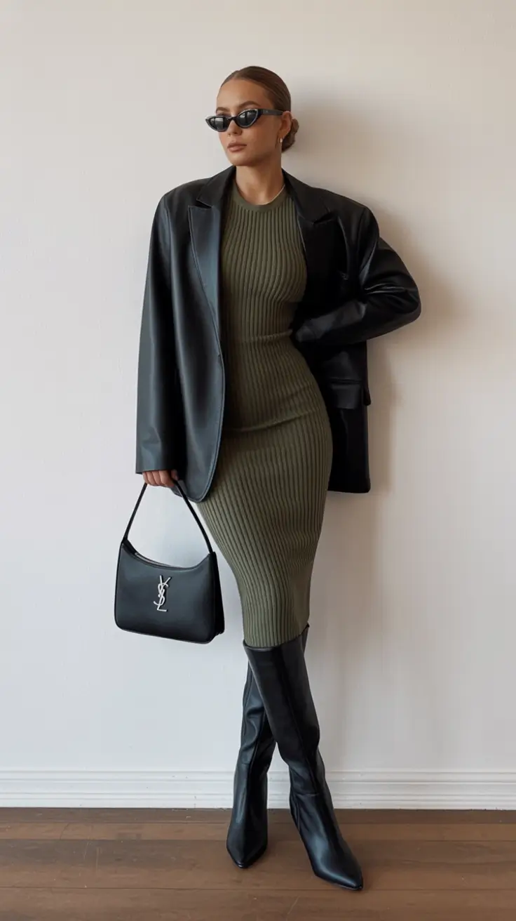 2025 Fall-Winter Fashion Cold Weather Outfits Ideas Olive Knit Dress with Leather Power