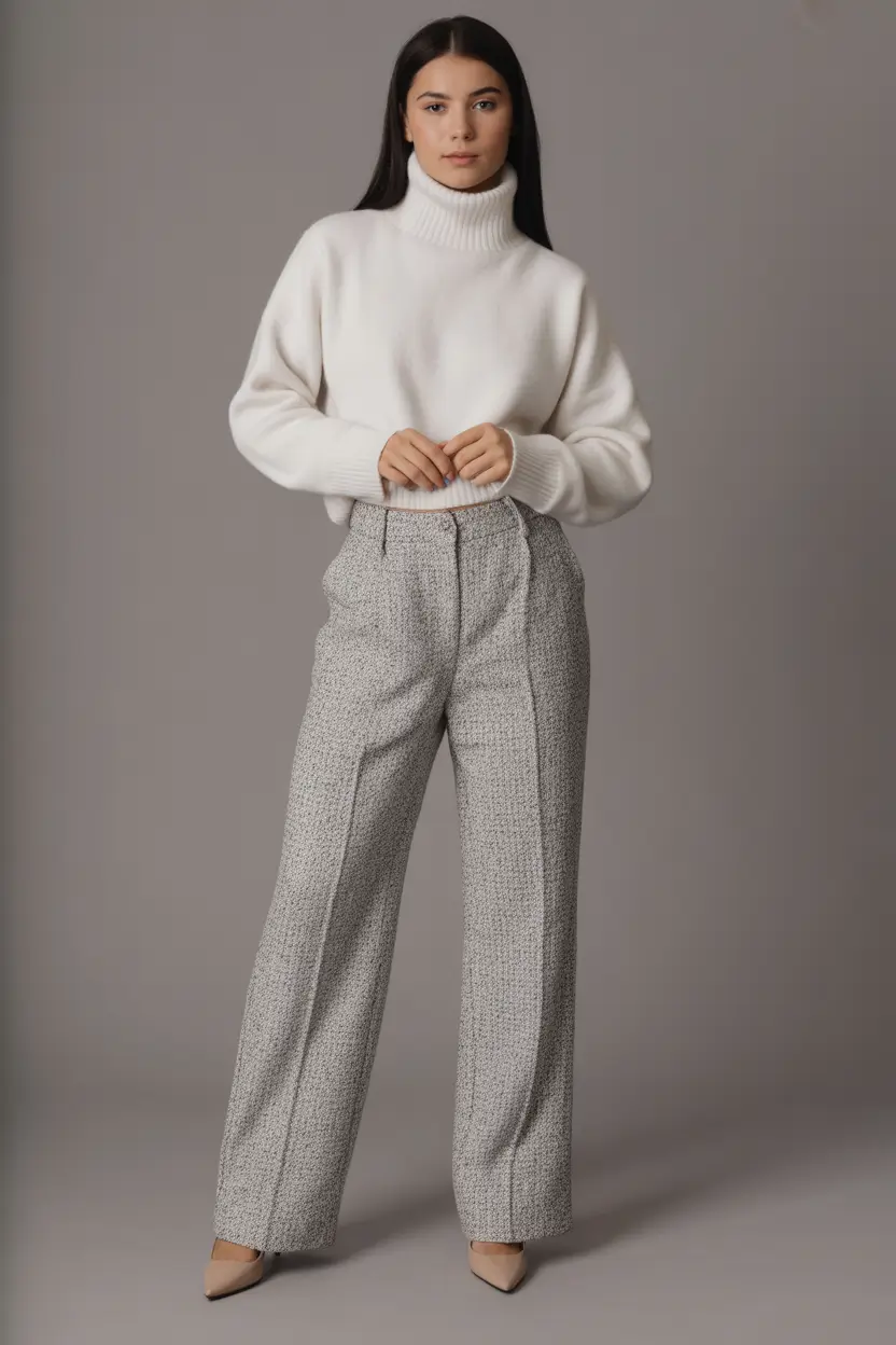 2025 Fall-Winter Fashion Cold Weather Outfits Ideas Turtleneck and Wide-Leg Trousers