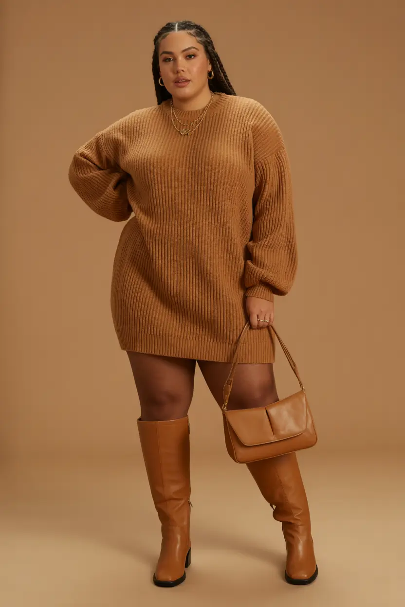 2025 Fall-Winter Fashion Cold Weather Outfits Ideas Camel Knit Dress and Boots Confidence