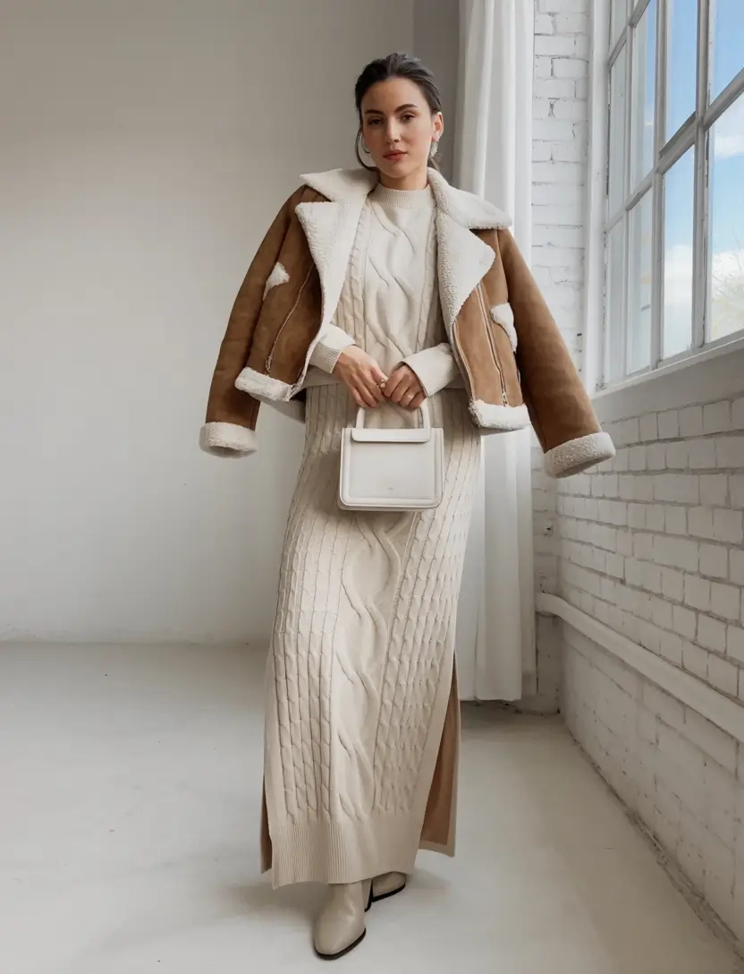 2025 Fall-Winter Fashion Cold Weather Outfits Ideas Cable Knit Maxi with Shearling Chic
