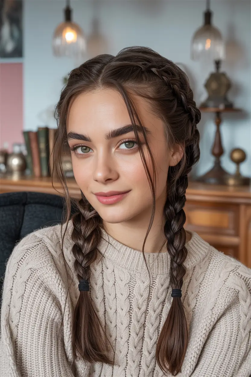 Cute hairstyles for Fall 2025 Soft Braided Twins with Loose Strands