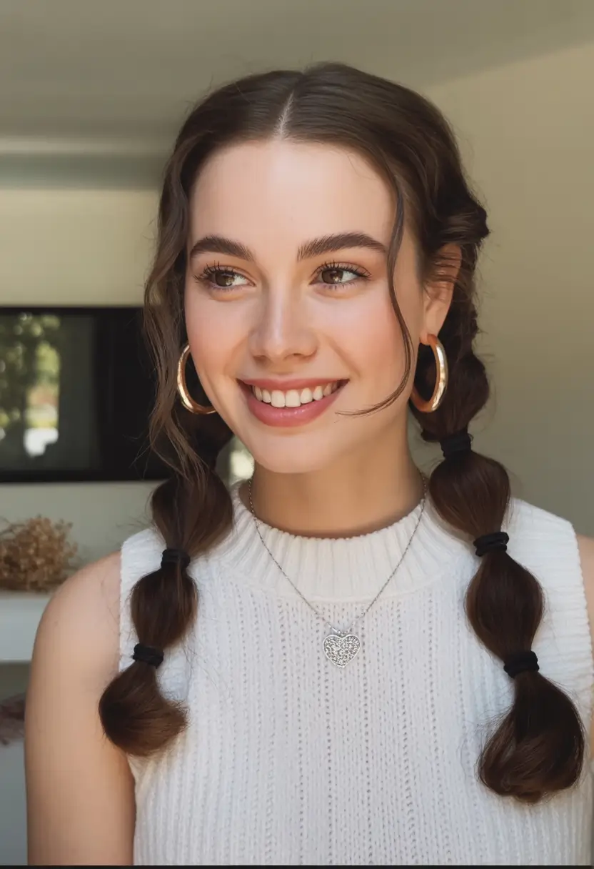 Cute hairstyles for Fall 2025 Playful Bubble Braids with Golden Hoops