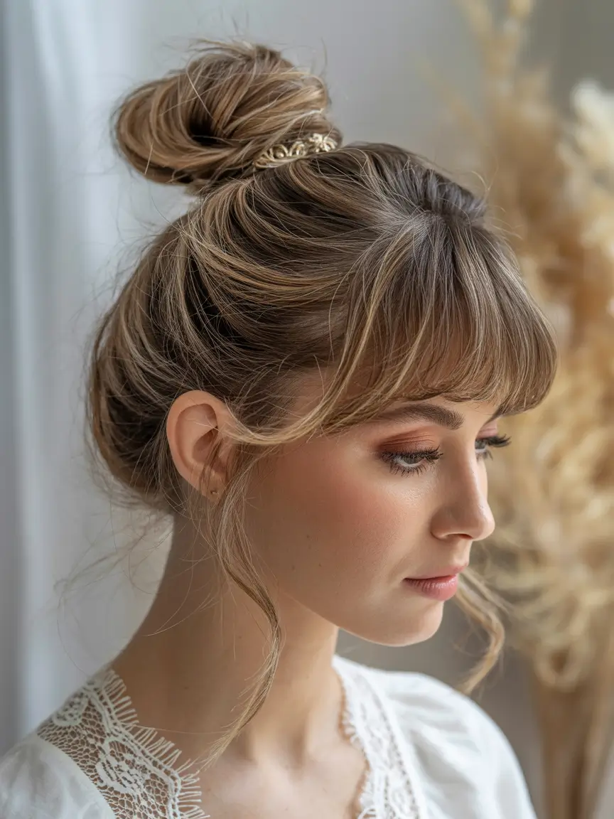 Cute hairstyles for Fall 2025 Messy Bun with Wispy Bangs