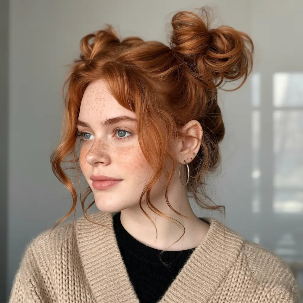 Cute hairstyles for Fall 2025 Double Buns with Autumn Charm