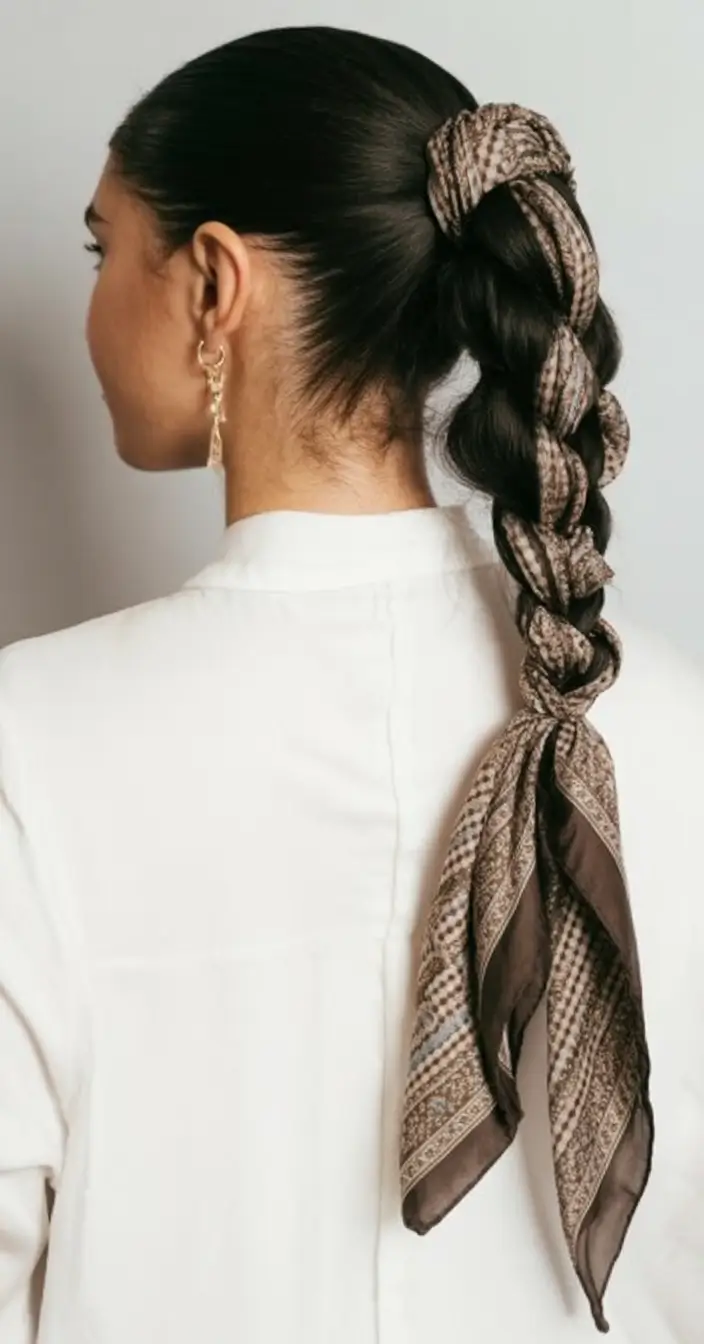 Cute hairstyles for Fall 2025 Braided Pony with Scarf Accent