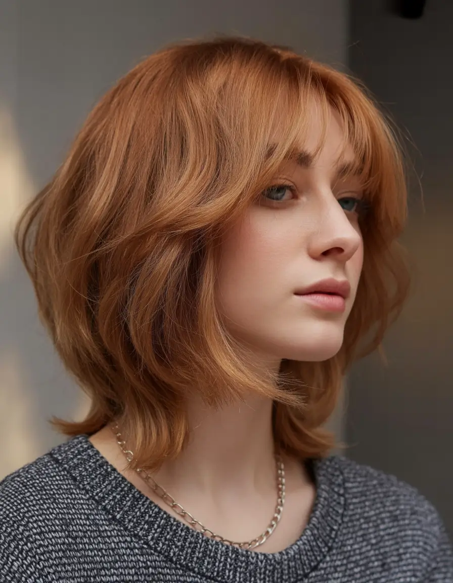 Cute hairstyles for Fall 2025 Soft Copper Layers with Bangs