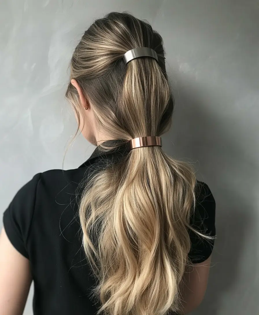 Cute hairstyles for Fall 2025 Polished Low Ponytail with Metallic Accents