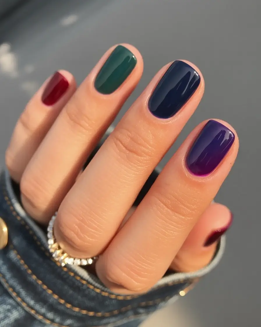 Early Fall Nail Ideas 2025 Rich Jewel Tones on Short Square Nails