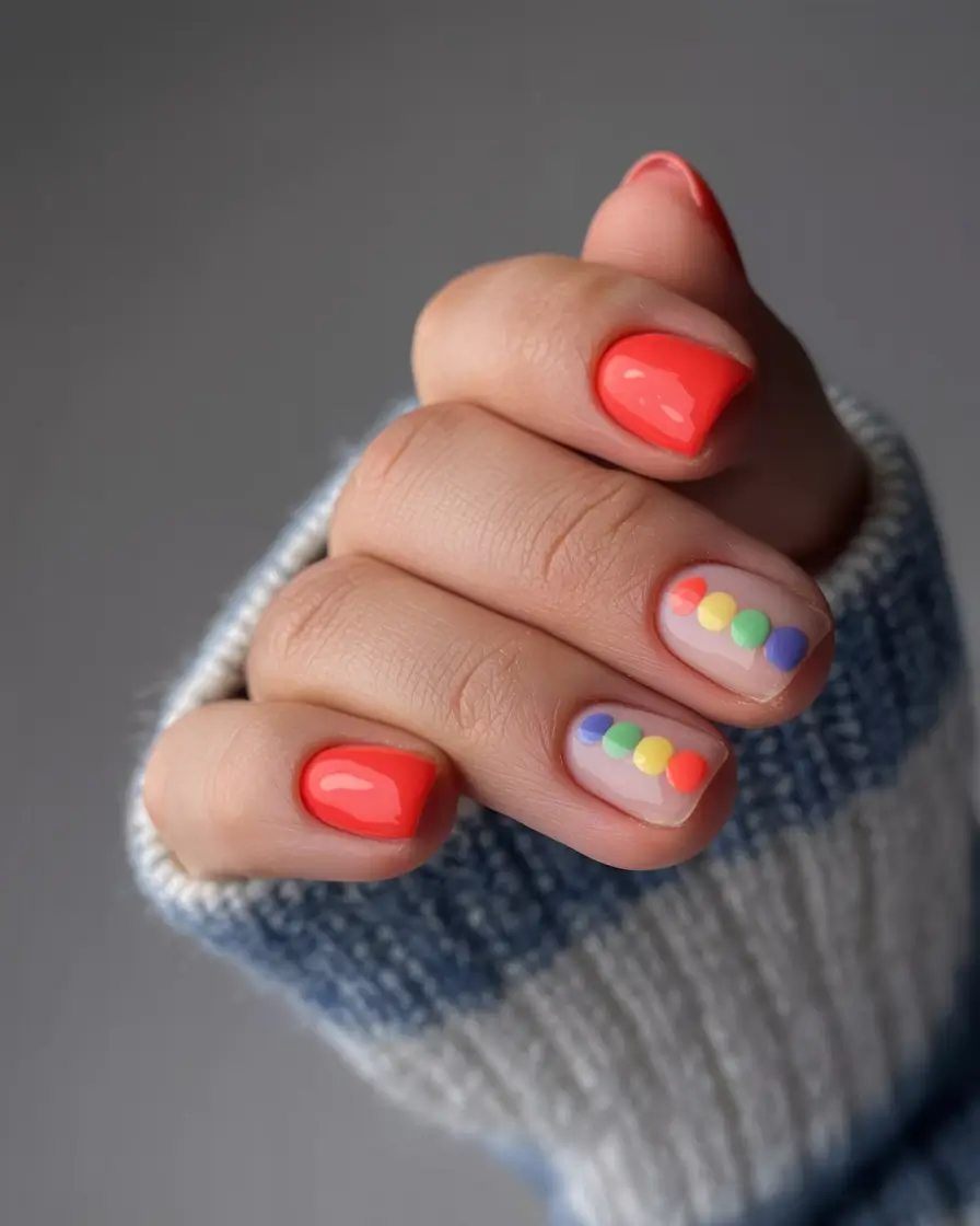 Early Fall Nail Ideas 2025 Rainbow Dot Accent on Coral Gloss