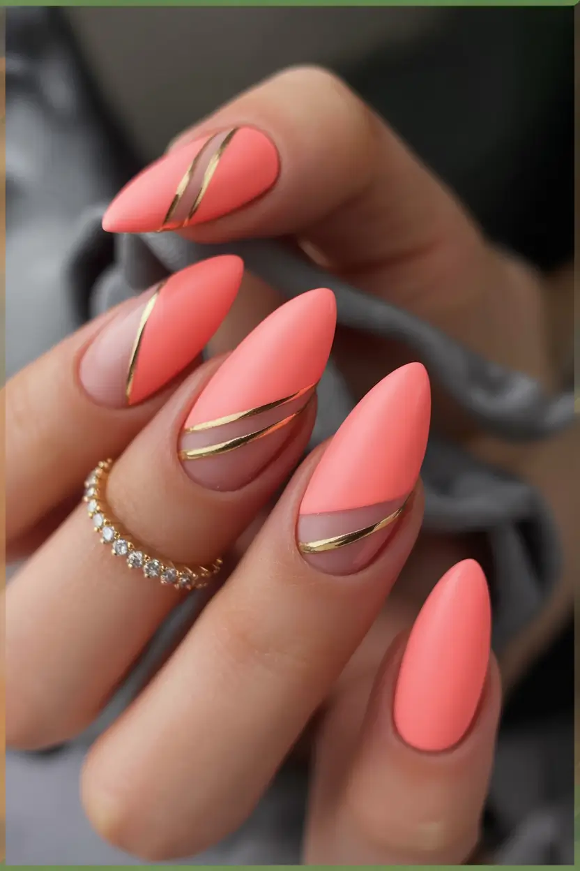 Early Fall Nail Ideas 2025 Matte Coral with Gold Striping