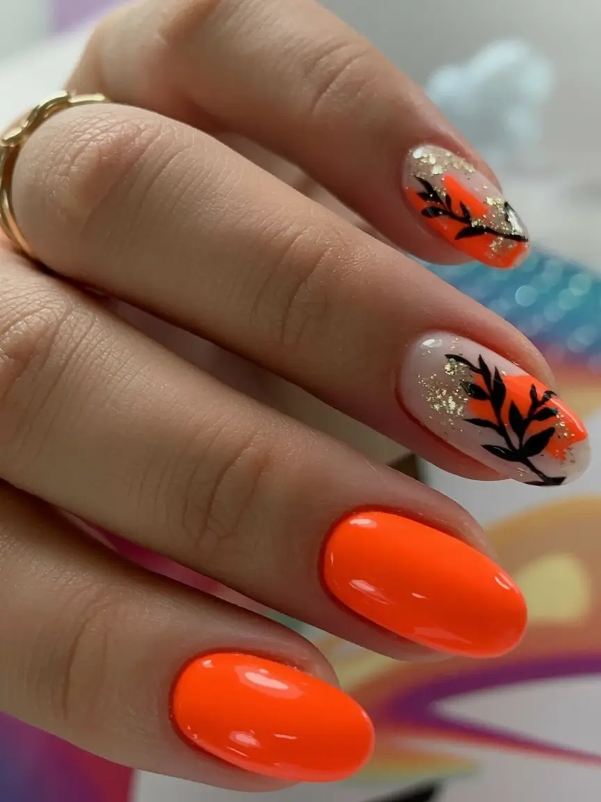 Early Fall Nail Ideas 2025 Orange Gloss Meets Autumn Leaf Accents