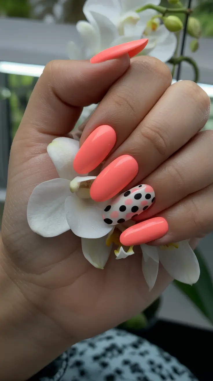 Early Fall Nail Ideas 2025 Peachy Coral with a Polka Dot Twist