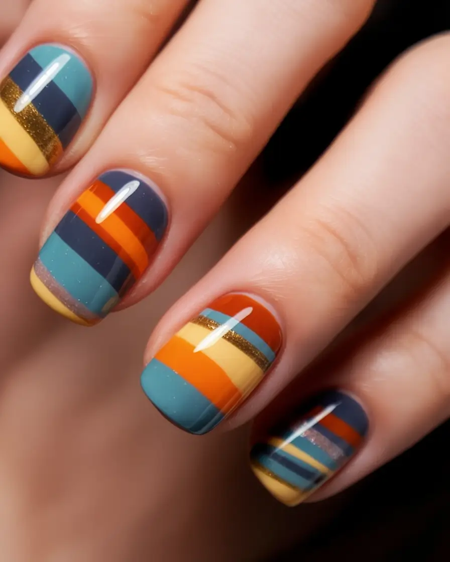 Early Fall Nail Ideas 2025 Retro Stripes in Moody Autumn Tones