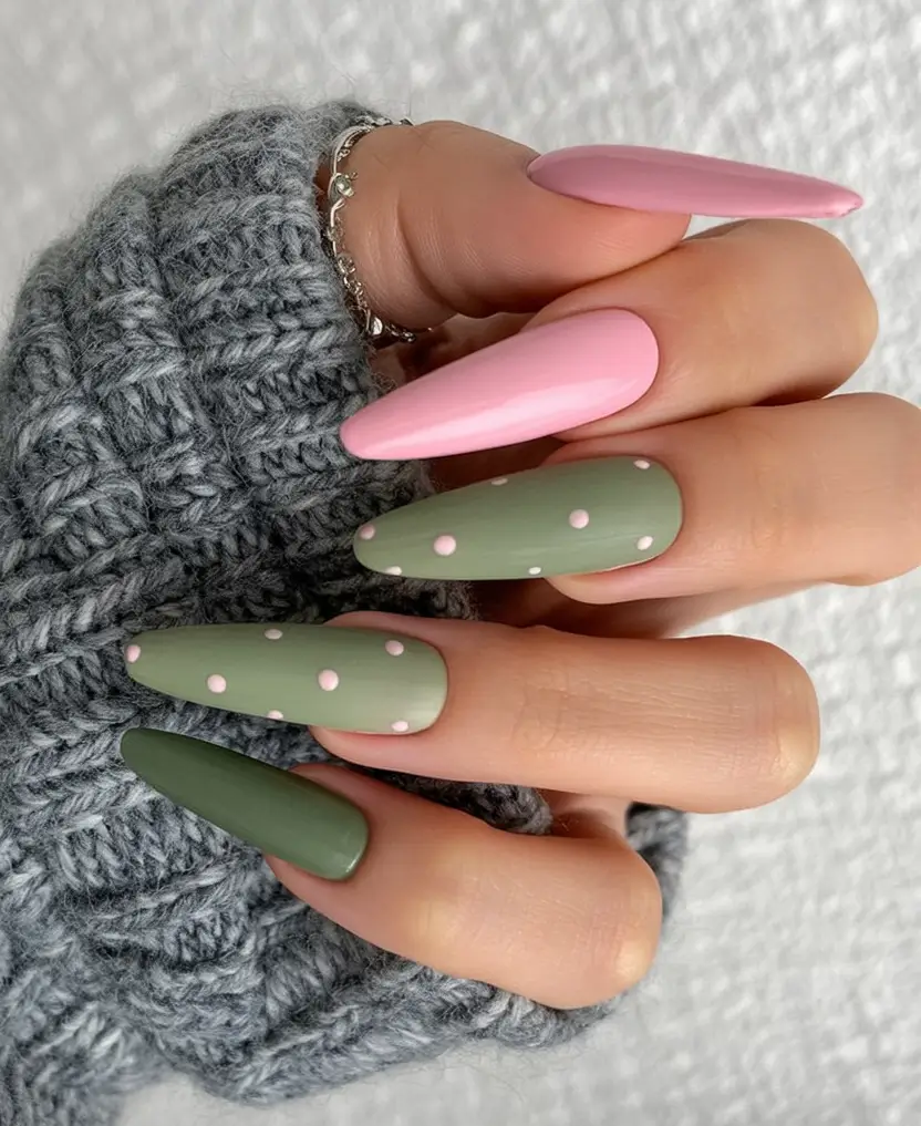 Early Fall Nail Ideas 2025 Pink Meets Sage Polka Perfection