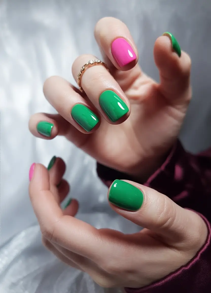 Early Fall Nail Ideas 2025 Bold Green and Hot Pink Contrast