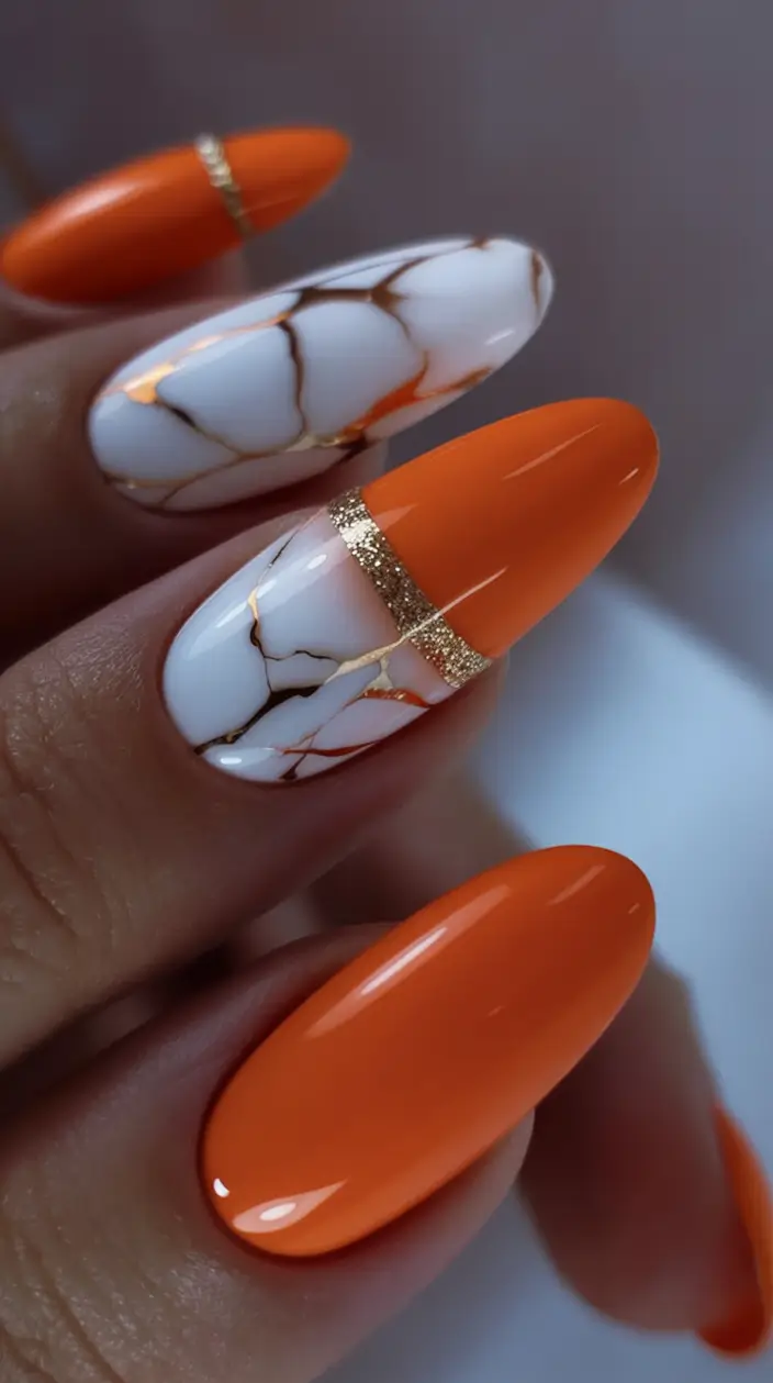 Early Fall Nail Ideas 2025 Orange & Marble Elegance with a Gilded Edge