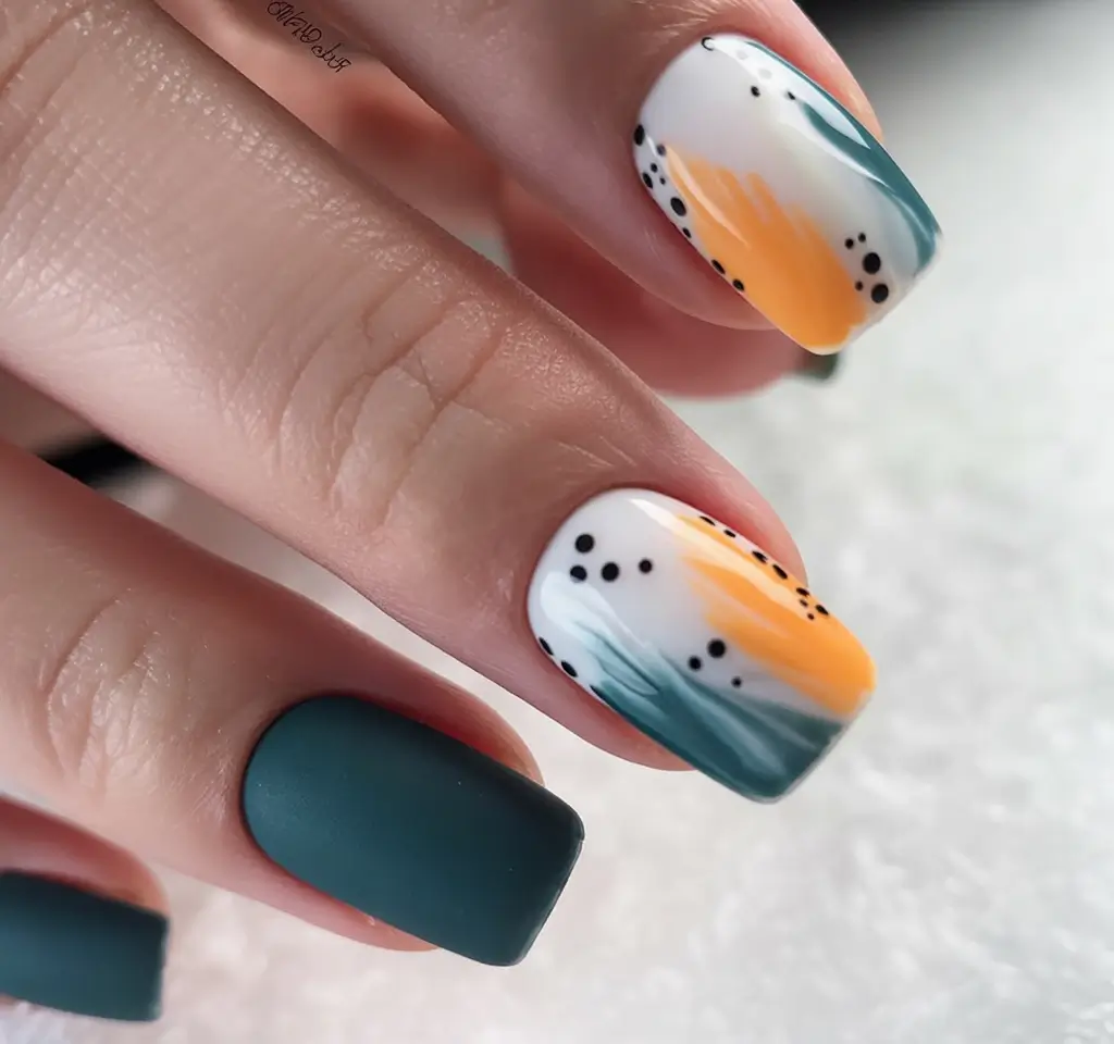 Early Fall Nail Ideas 2025 Brushstroke Art and Teal Matte