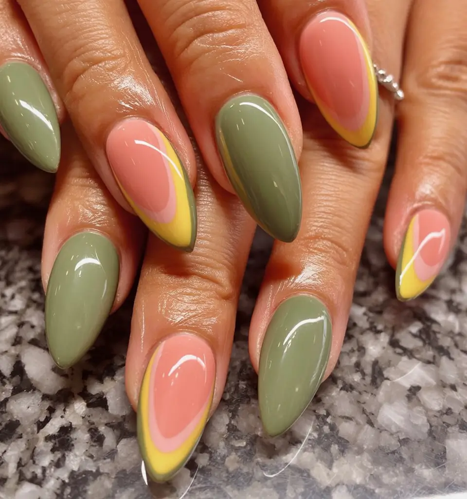 Early Fall Nail Ideas 2025 Earthy Neons in Almond Layers