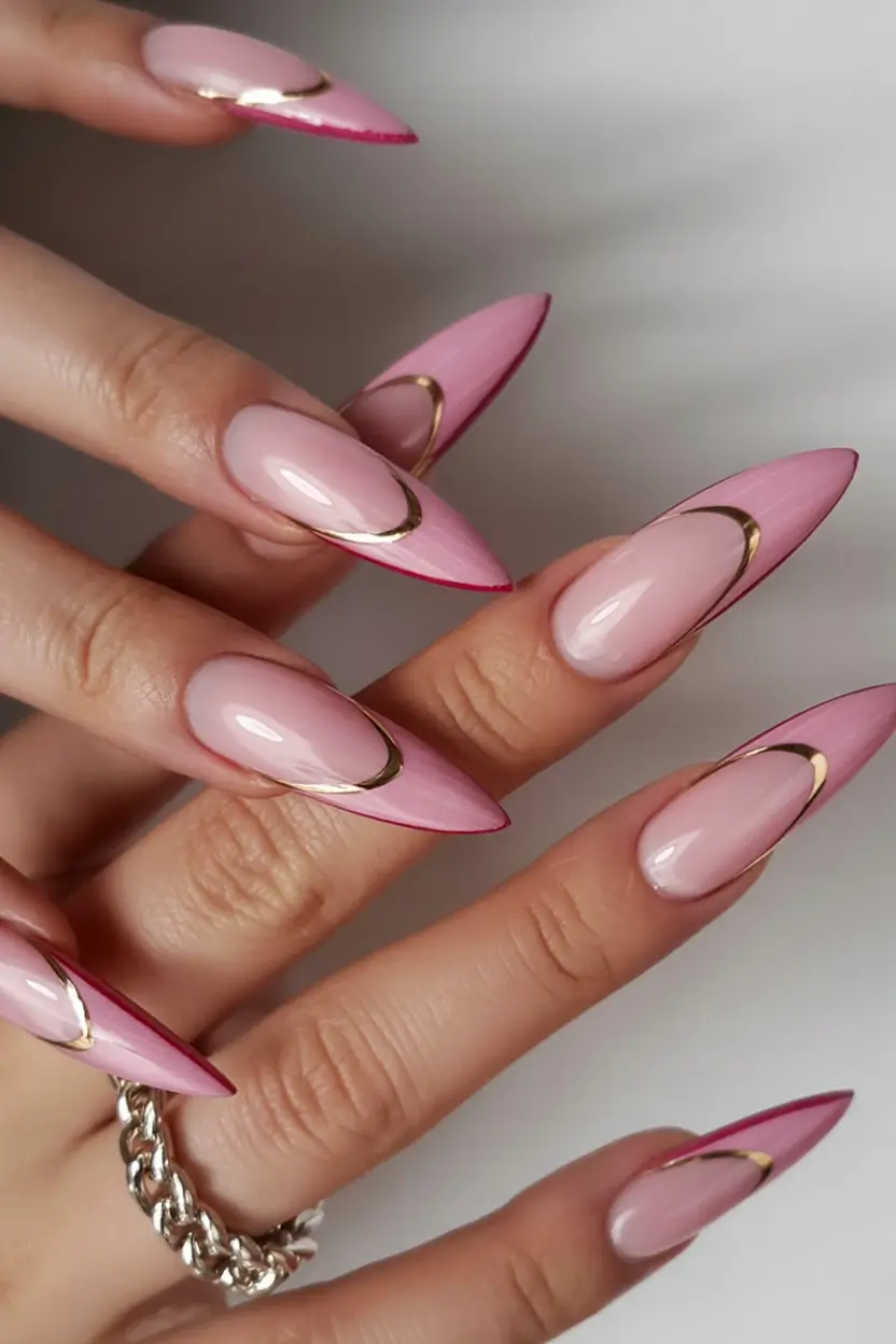 Early Fall Nail Ideas 2025 Metallic Pink and Gold Glam