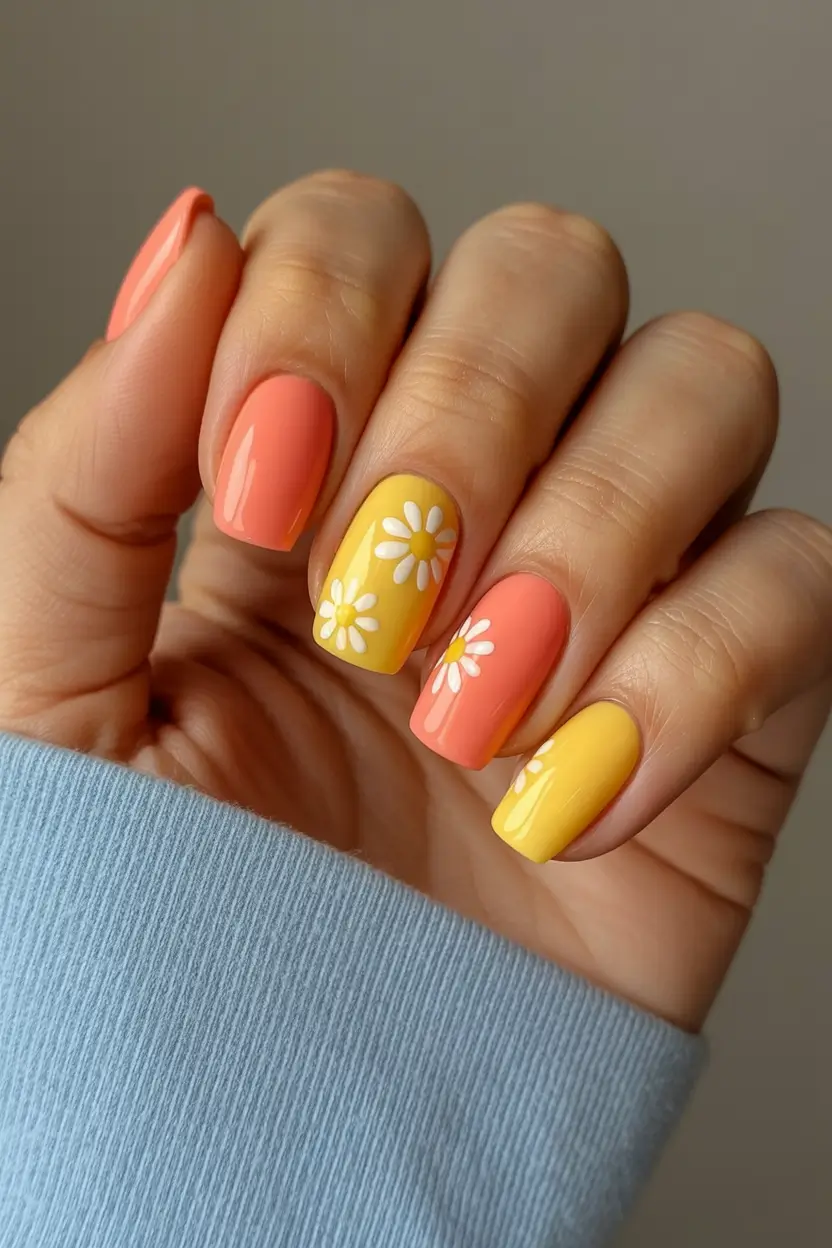 Early Fall Nail Ideas 2025 Daisy Pop with Soft Citrus