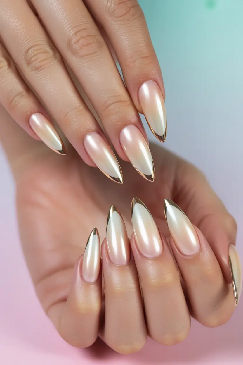 Elegant Neutral Fall Nails 2025 Pearl Chrome with Golden Edges