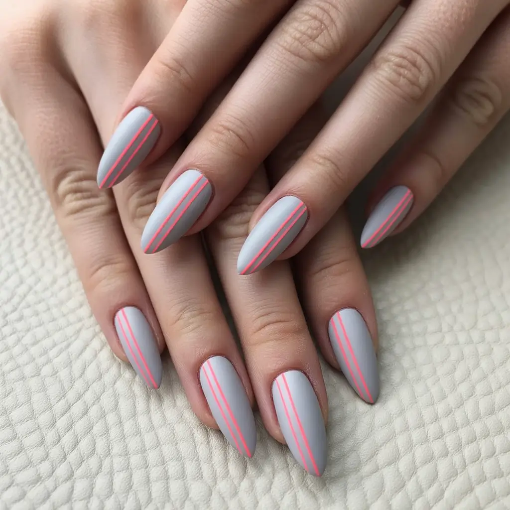 Elegant Neutral Fall Nails 2025 Matte Grey with Neon Stripes