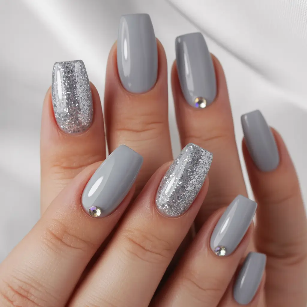 Elegant Neutral Fall Nails 2025 Glitter Accents on Grey