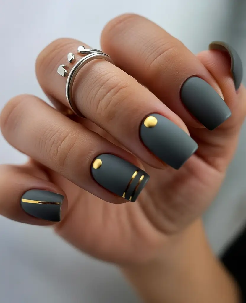 Elegant Neutral Fall Nails 2025 Matte Charcoal with Golden Accents