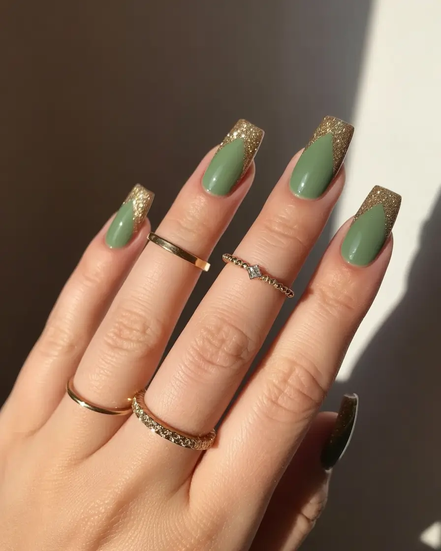 Elegant Neutral Fall Nails 2025 Olive and Gold French Twist