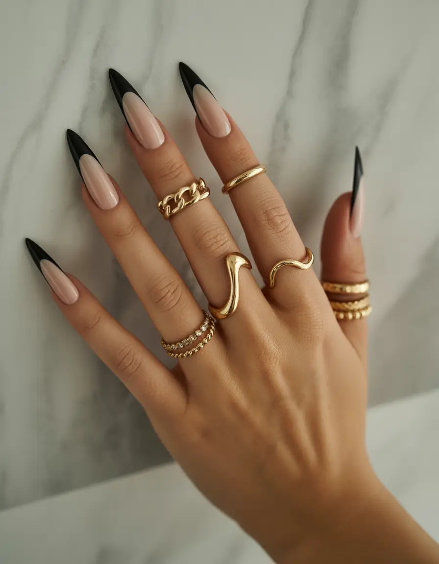 Elegant Neutral Fall Nails 2025 Sharp Black French Drama