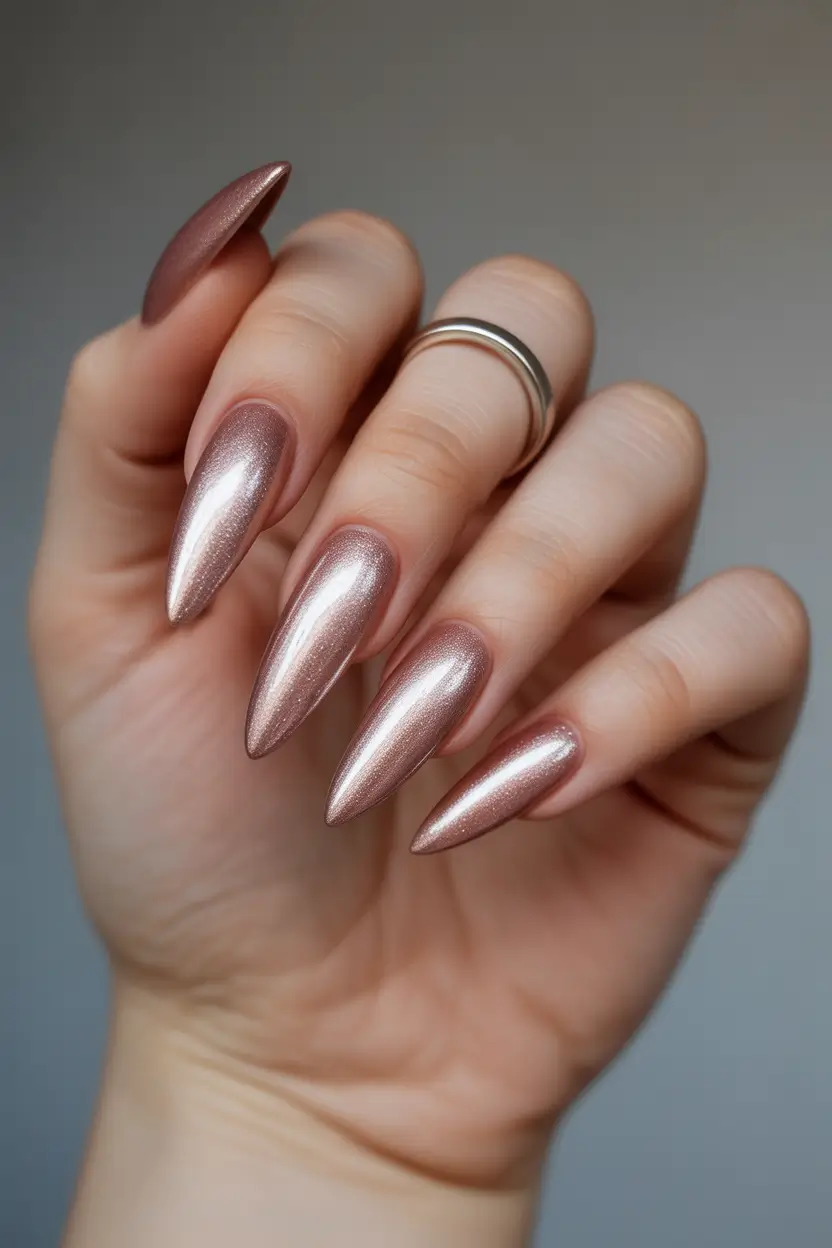 Elegant Neutral Fall Nails 2025 Rose Chrome Shine