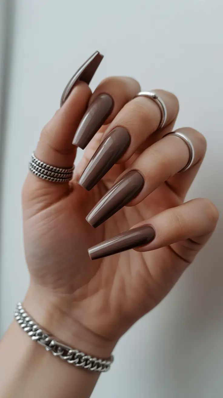 Elegant Neutral Fall Nails 2025 Mocha Gloss Coffin Elegance