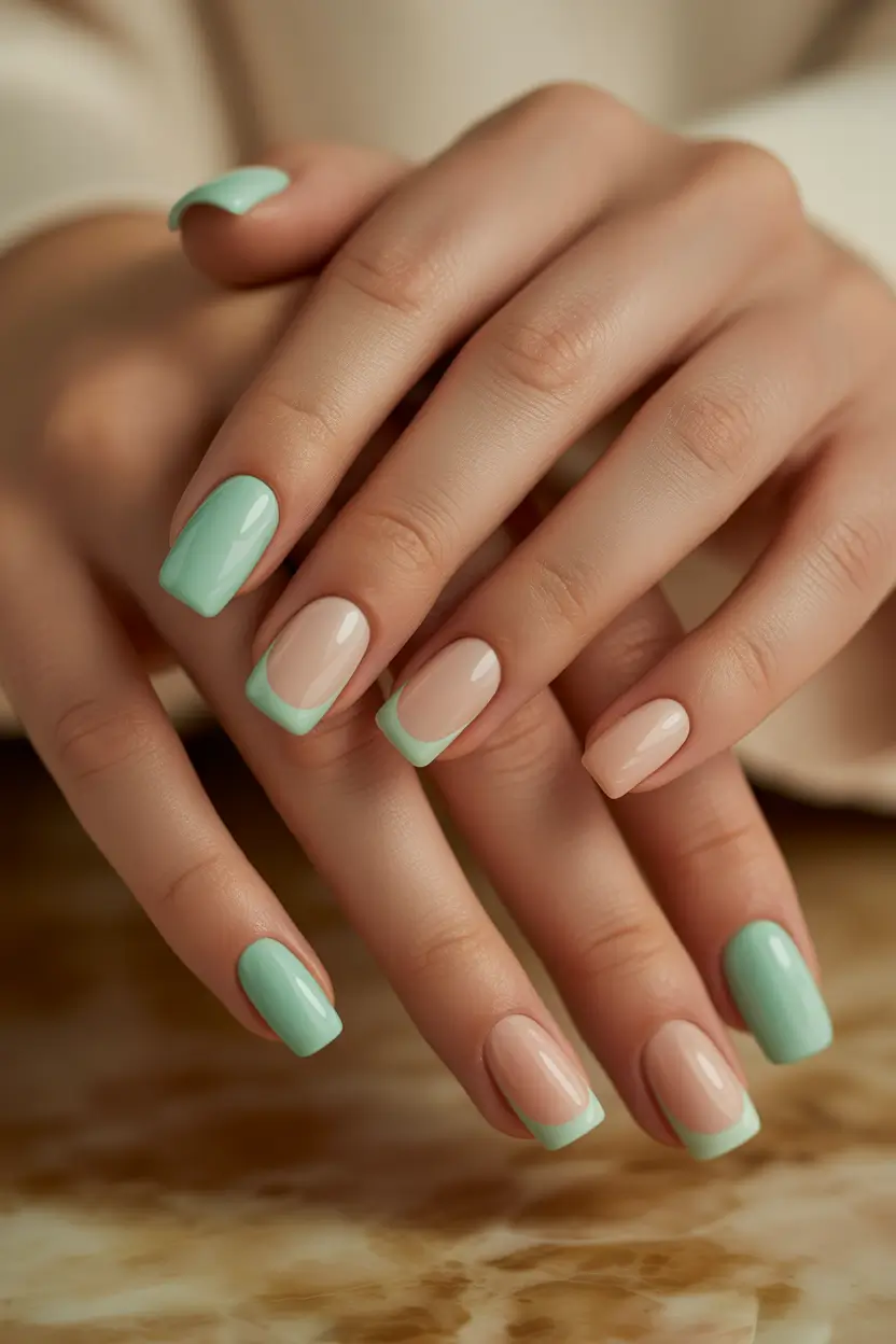 Elegant Neutral Fall Nails 2025 Mint-Tipped Modern French