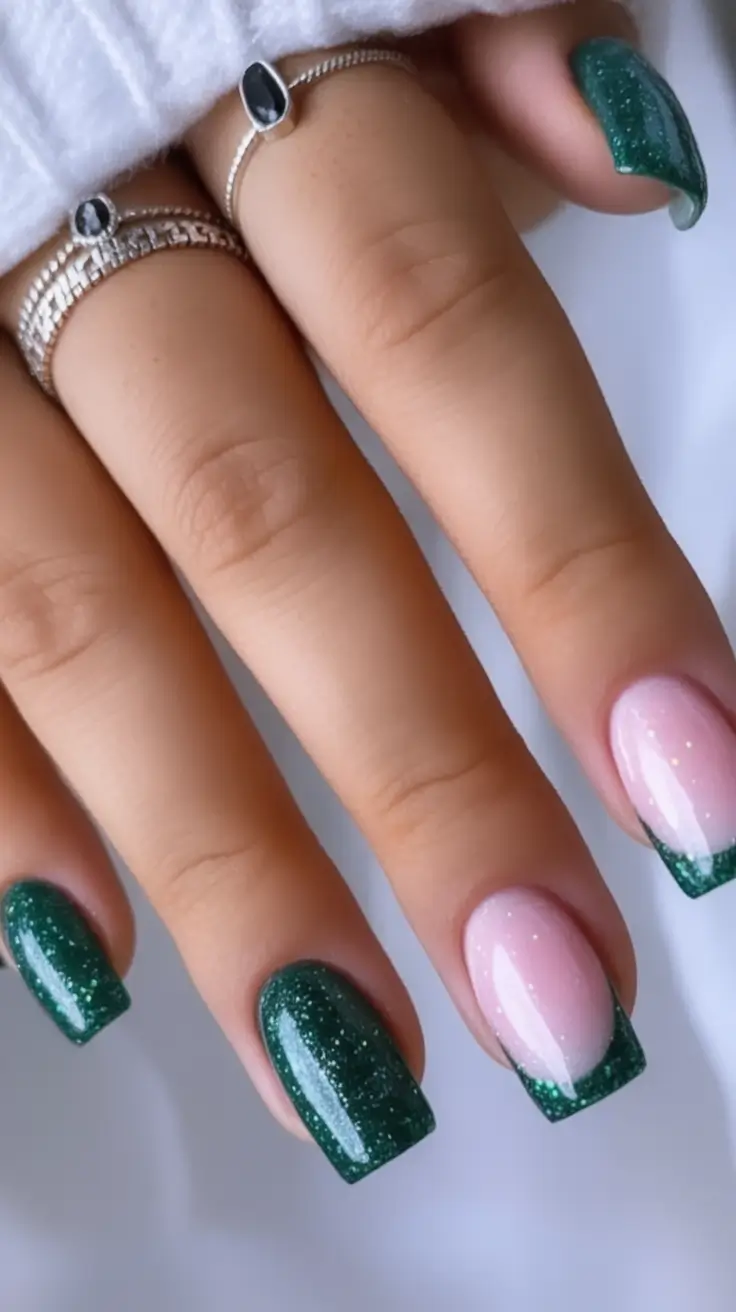 Fall 2025 French Tip Nails Emerald Glitter French