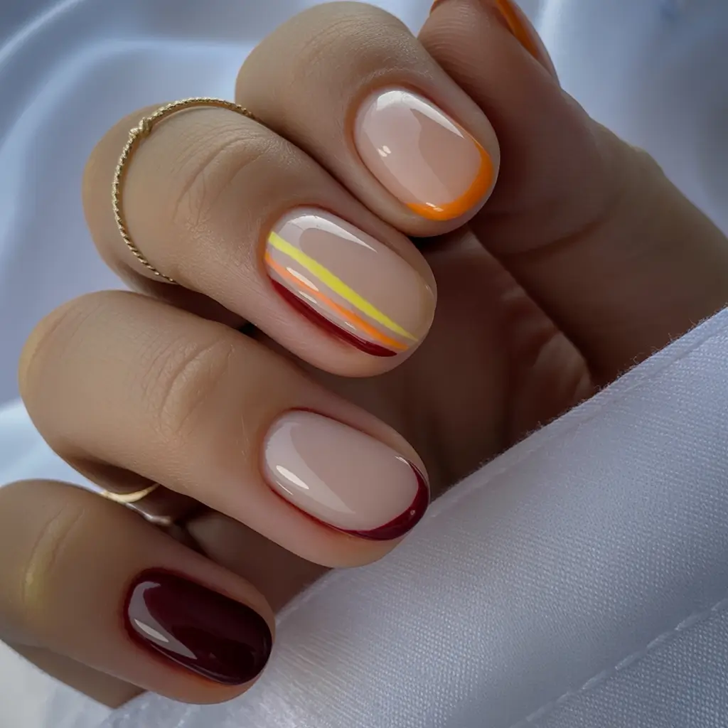 Fall 2025 French Tip Nails Striped Fall French Mix