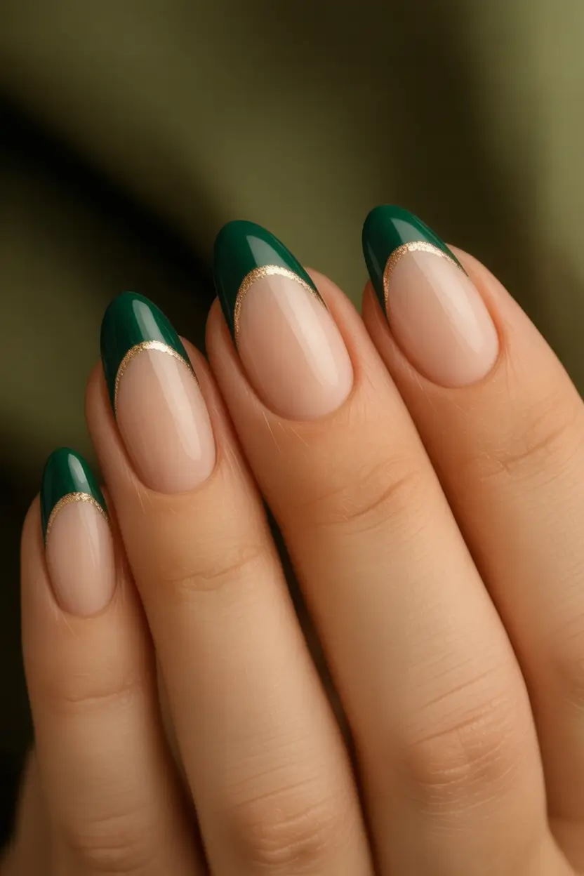 Fall 2025 French Tip Nails Deep Green with Golden Edge