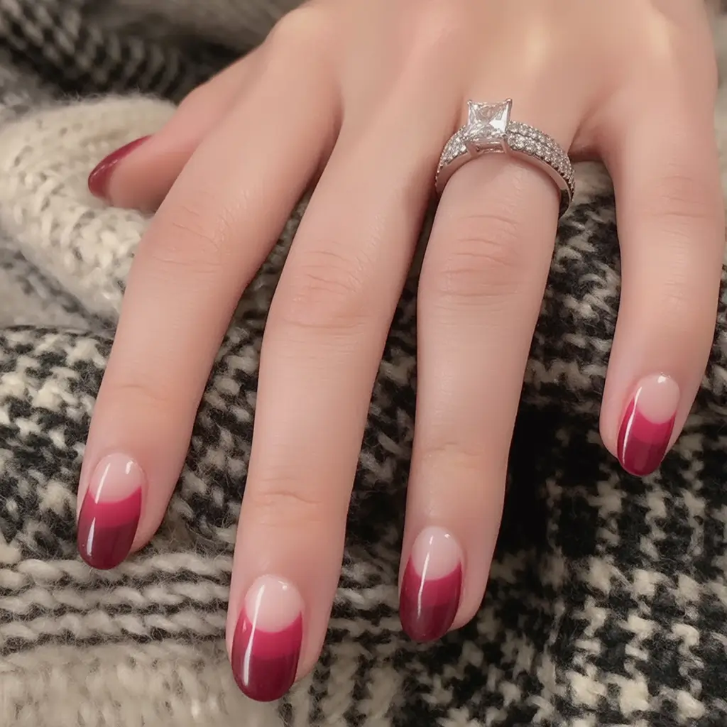 Fall 2025 French Tip Nails Wine-Red Gradient French