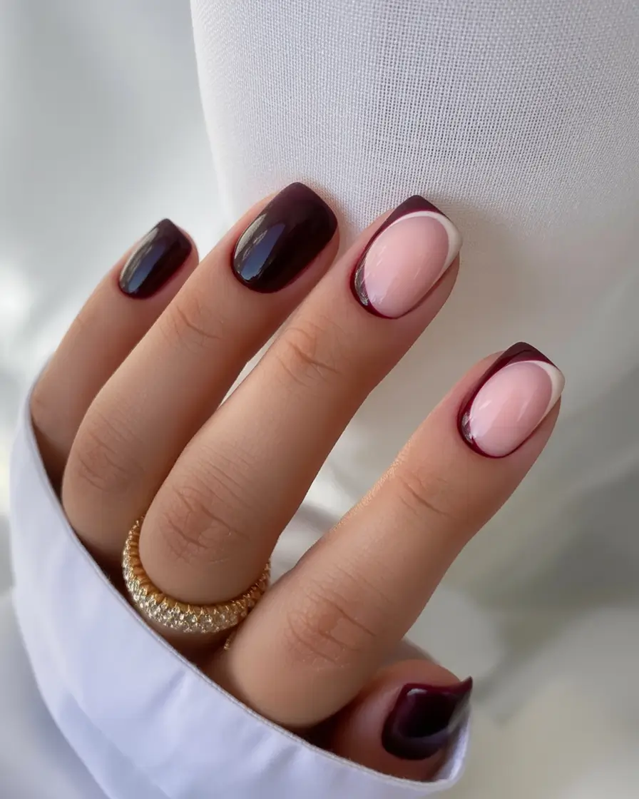 Fall 2025 French Tip Nails Dark Burgundy with Minimalist Accents