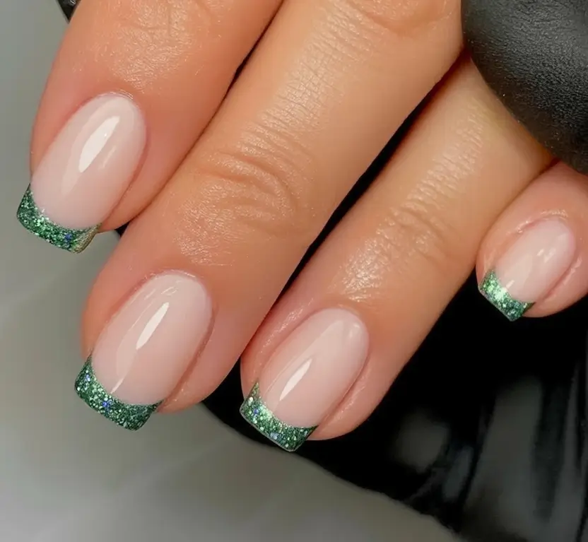 Fall 2025 French Tip Nails Green Glitter French