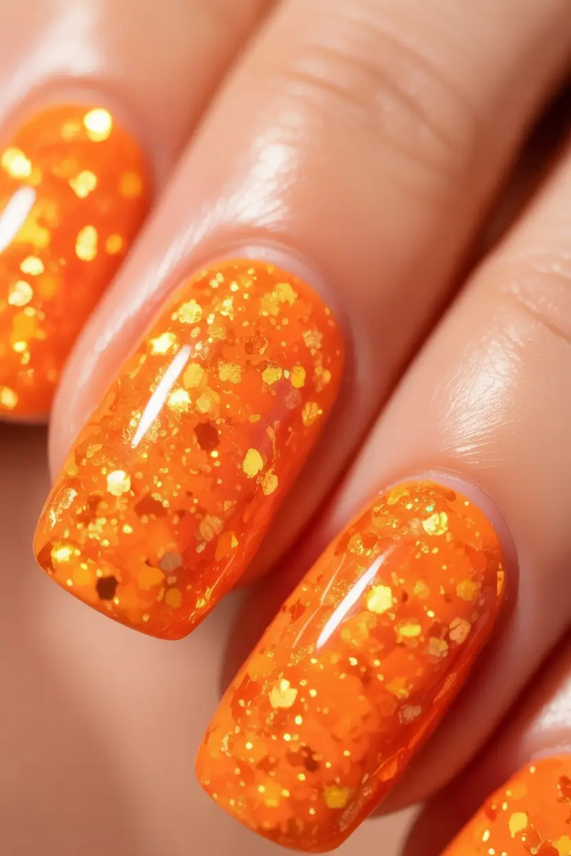 Fall 2025 Nail Color Trend Ideas Spiced Orange Sparkle for Cozy Fall Glow