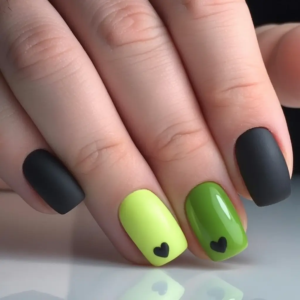 Fall 2025 Nail Color Trend Ideas Black and Green Hearts with Matte Vibes