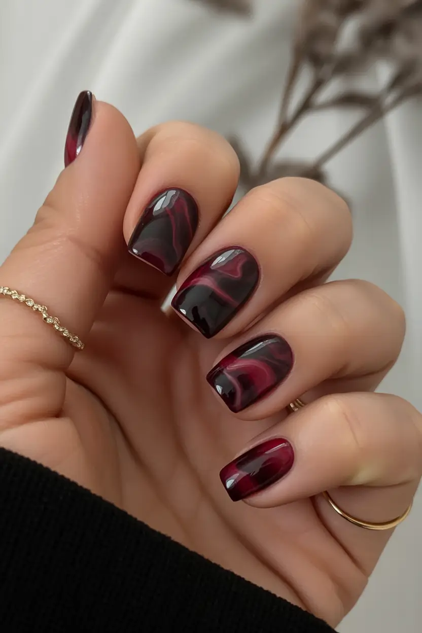 Fall 2025 Nail Color Trend Ideas Glossy Cherry Swirl Marble