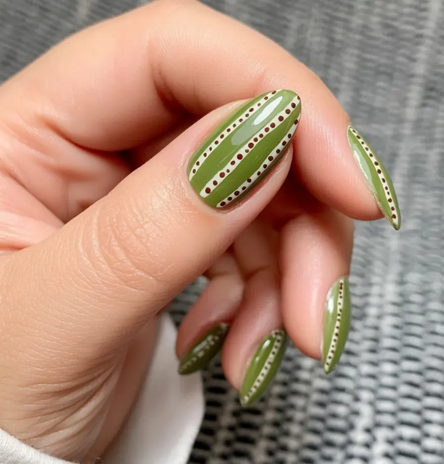 Fall 2025 Nail Color Trend Ideas Olive Green Tribal Dot Stripes