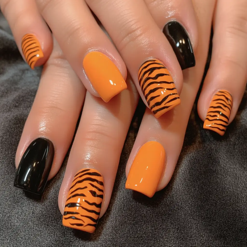 Fall 2025 Nail Color Trend Ideas Halloween Tiger Stripes Meets Glossy Black