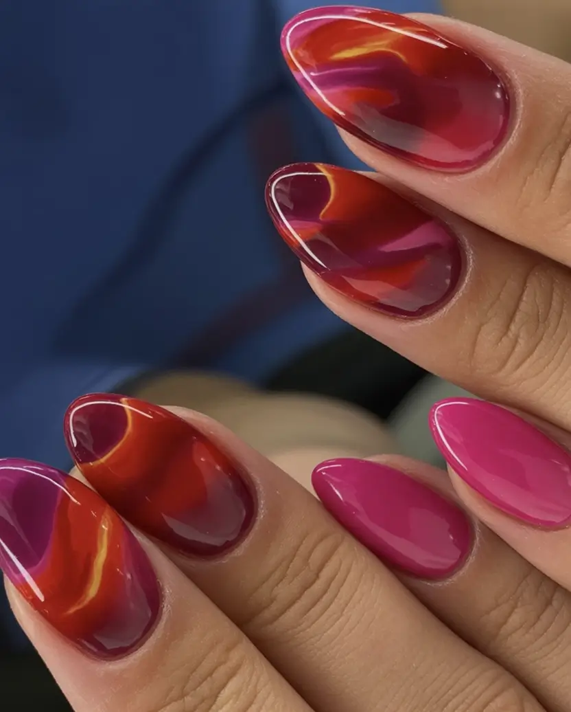 Fall 2025 Nail Color Trend Ideas Berry-Toned Glass Marble Magic